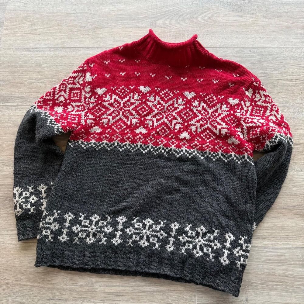 Sonoma Women's Medium Red & Grey Fair Isle Sweater VTG 90's Fisherman Cozy Ski